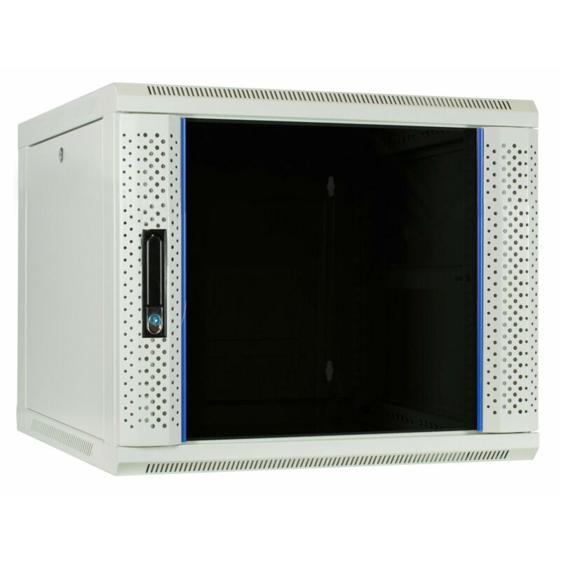 Armario de pared blanco de 9U con puerta de cristal de 600x600x500 mm (ancho x profundidad x alto)
