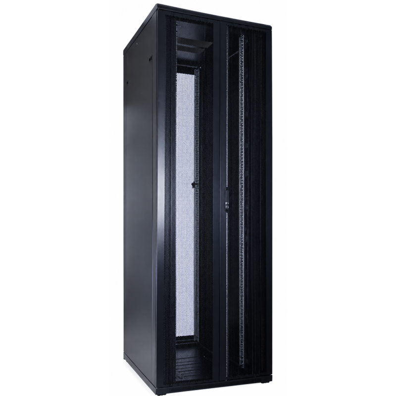 Armario para servidores de 47U con puertas frontales y traseras doblemente perforadas de 800x1000x2200 mm (ancho x profundidad x alto).