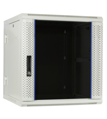 Armario de pared blanco de 12U (inclinable) con puerta de cristal de 600x600x635 mm (ancho x profundidad x alto).