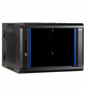 Armario de pared 6U (inclinable) con puerta de cristal y paneles laterales perforados de 600x600x368 mm (ancho x profundidad x alto).
