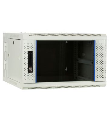 Armario de pared blanco de 6U (inclinable) con puerta de cristal de 600x600x368 mm (ancho x profundidad x alto).