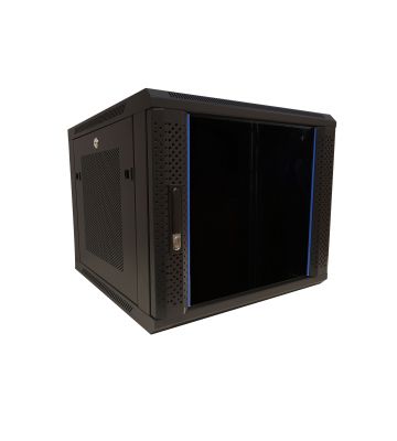 Armario de pared de 9U con puerta de cristal y paneles laterales perforados de 600x600x500 mm (ancho x profundidad x alto).