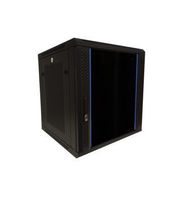 Armario de pared de 12U con puerta de cristal y paneles laterales perforados de 600x600x635 mm (ancho x profundidad x alto).