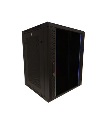 Armario de pared de 15U con puerta de cristal y paneles laterales perforados de 600x600x770 mm (ancho x profundidad x alto).