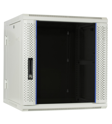 Armario de pared blanco de 12U (inclinable) con puerta de cristal de 600x600x635 mm (ancho x profundidad x alto).