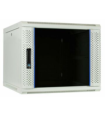 Armario de pared blanco de 9U con puerta de cristal de 600x600x500 mm (ancho x profundidad x alto)