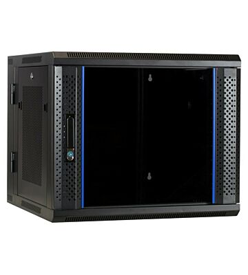 Armario de pared de 9U (inclinable) con puerta de cristal y paneles laterales perforados de 600x600x500 mm (ancho x profundidad x alto).