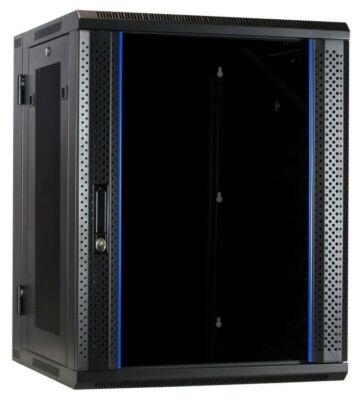 Armario de pared de 15U (inclinable) con puerta de cristal y paneles laterales perforados de 600x600x770 mm (ancho x profundidad x alto).