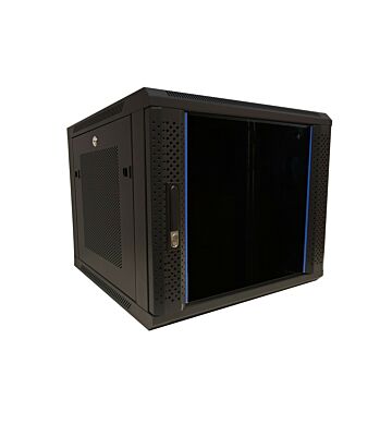 Armario de pared de 9U con puerta de cristal y paneles laterales perforados de 600x600x500 mm (ancho x profundidad x alto).