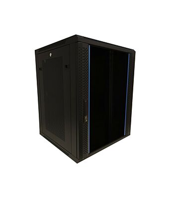 Armario de pared de 15U con puerta de cristal y paneles laterales perforados de 600x600x770 mm (ancho x profundidad x alto).