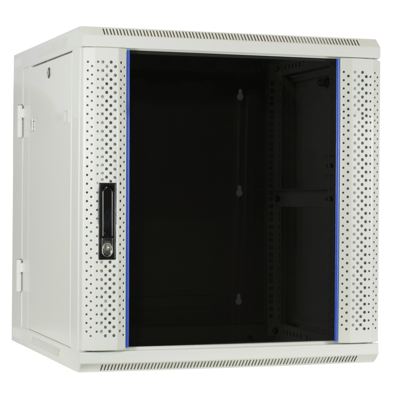 Armario de pared blanco de 12U (inclinable) con puerta de cristal de 600x600x635 mm (ancho x profundidad x alto).