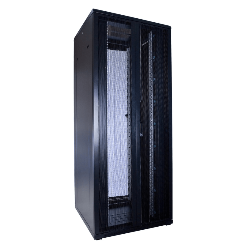 Armario para servidores de 42U con puertas frontales y traseras doblemente perforadas de 800x800x2000 mm (ancho x profundidad x alto).