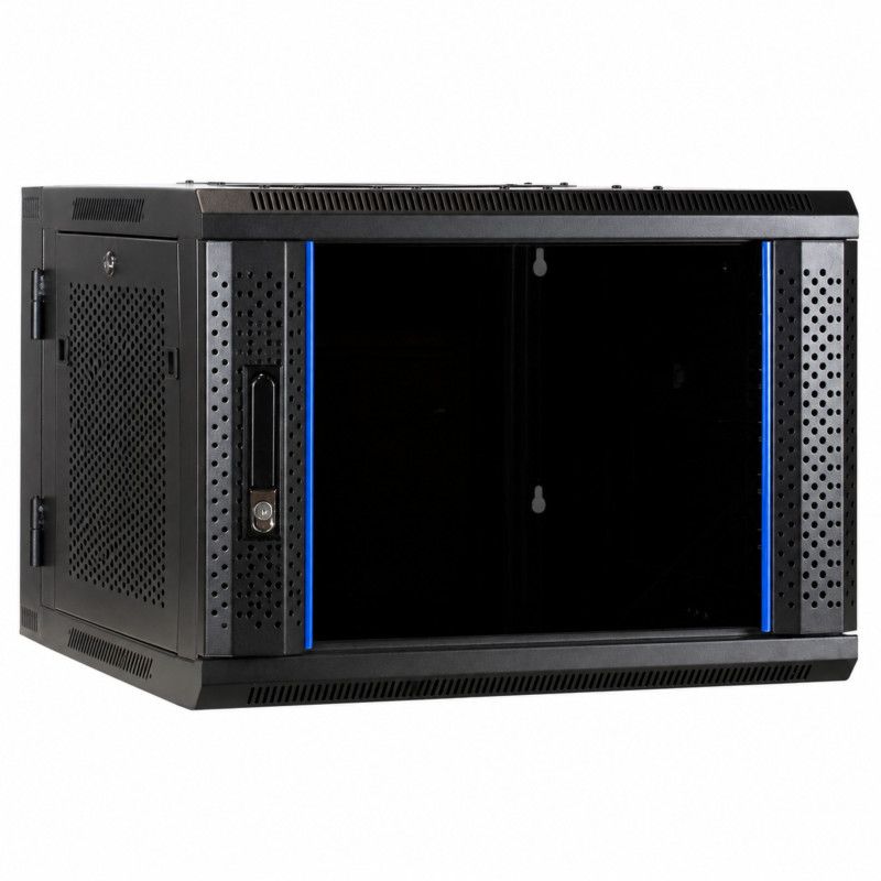 Armario de pared 6U (inclinable) con puerta de cristal y paneles laterales perforados de 600x600x368 mm (ancho x profundidad x alto).