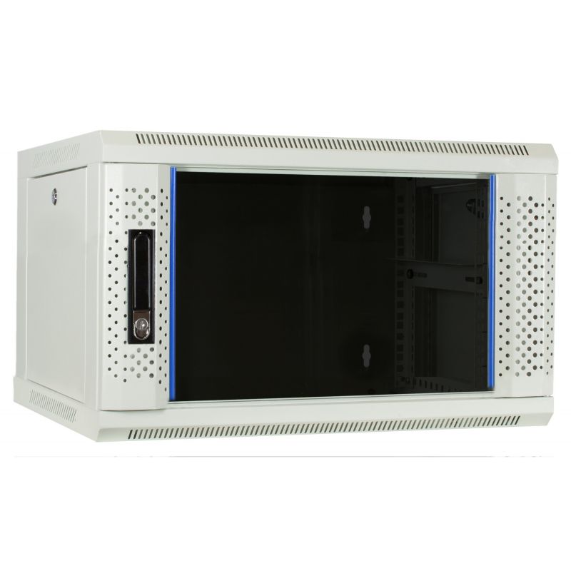 Armario de pared blanco de 6U con puerta de cristal, 600x450x368 mm (ancho x profundidad x alto)