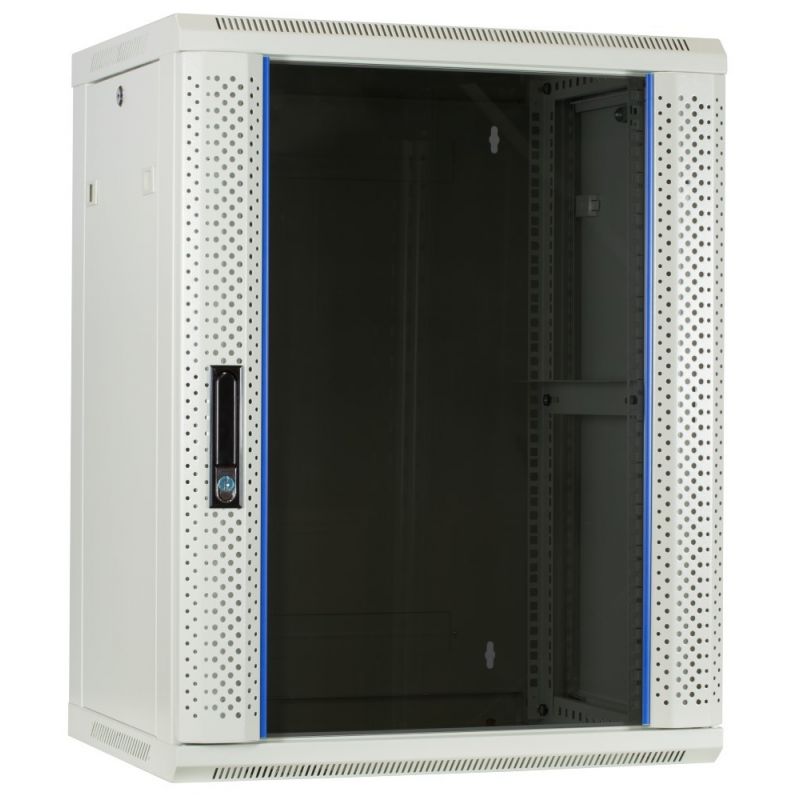 Armario de pared blanco de 15U con puerta de cristal, 600x450x770 mm (ancho x profundidad x alto)