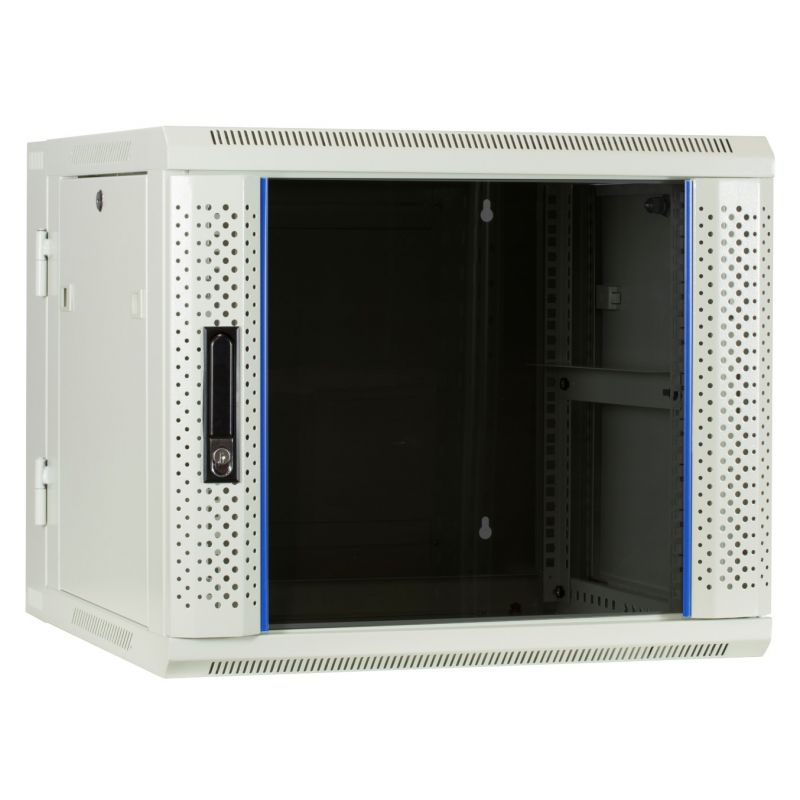 Armario de pared blanco de 9U (inclinable) con puerta de cristal de 600x600x500 mm (ancho x profundidad x alto).