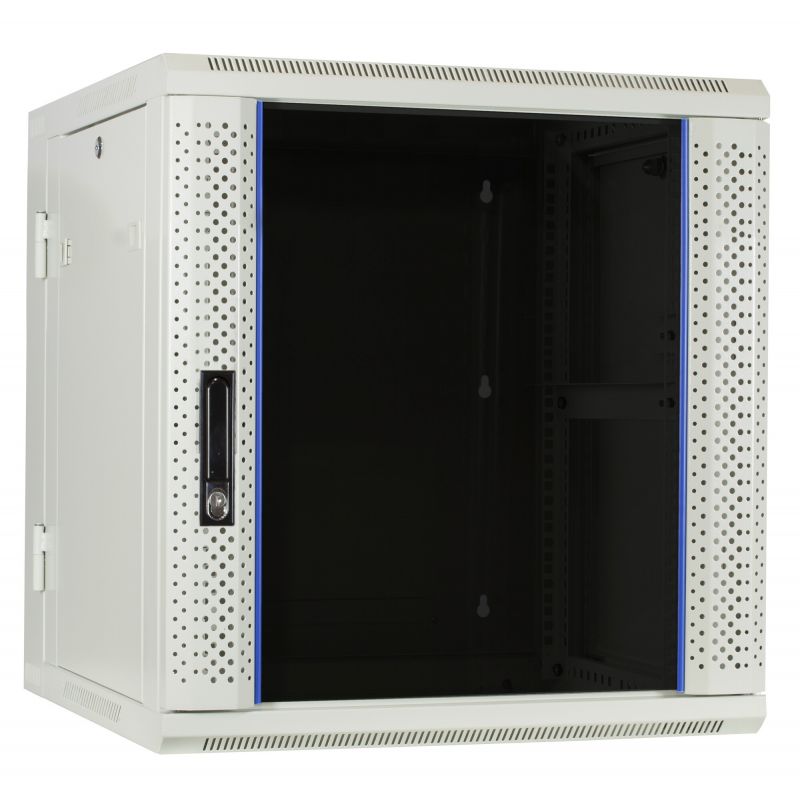 Armario de pared blanco de 12U (inclinable) con puerta de cristal de 600x600x635 mm (ancho x profundidad x alto).