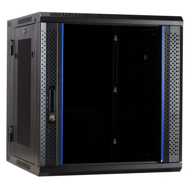 Armario de pared de 12U (inclinable) con puertas de cristal y paneles laterales perforados de 600x600x635 mm (ancho x profundidad x alto).