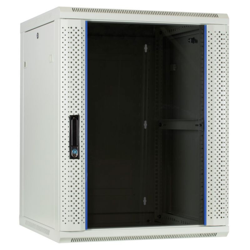 Armario de pared blanco de 15U con puerta de cristal de 600x600x770 mm (ancho x profundidad x alto)
