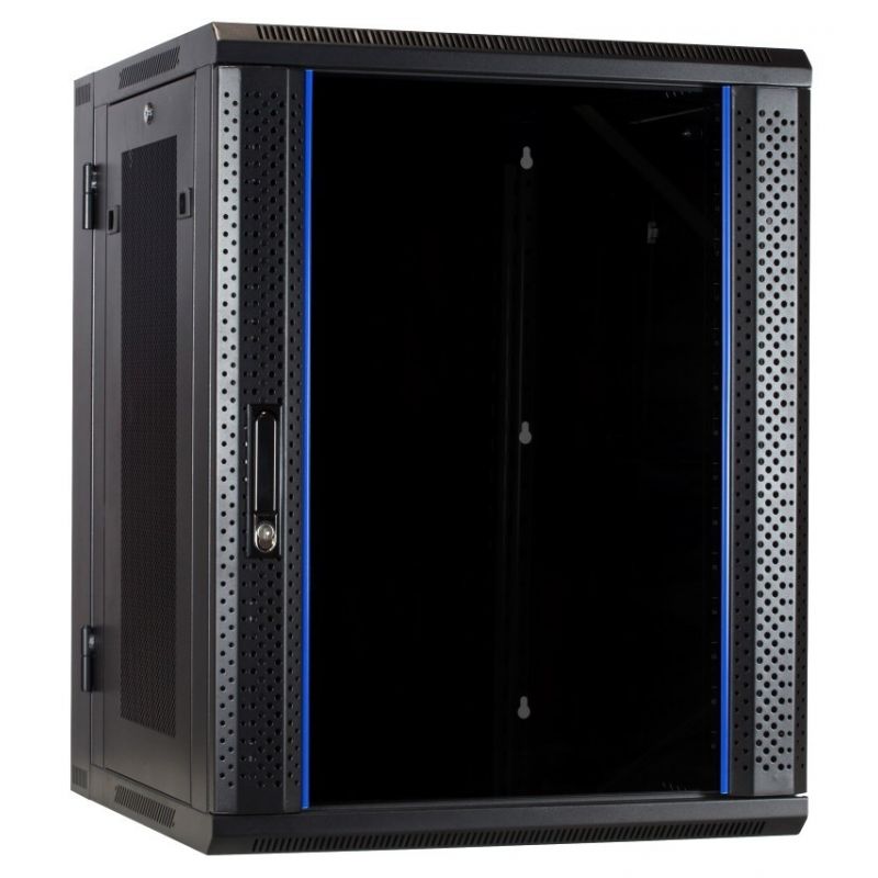 Armario de pared de 15U (inclinable) con puerta de cristal y paneles laterales perforados de 600x600x770 mm (ancho x profundidad x alto).