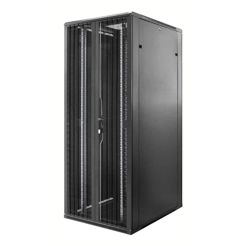 Armario para servidores de 47U con puertas frontales y traseras doblemente perforadas de 800x1200x2200 mm (ancho x profundidad x alto).