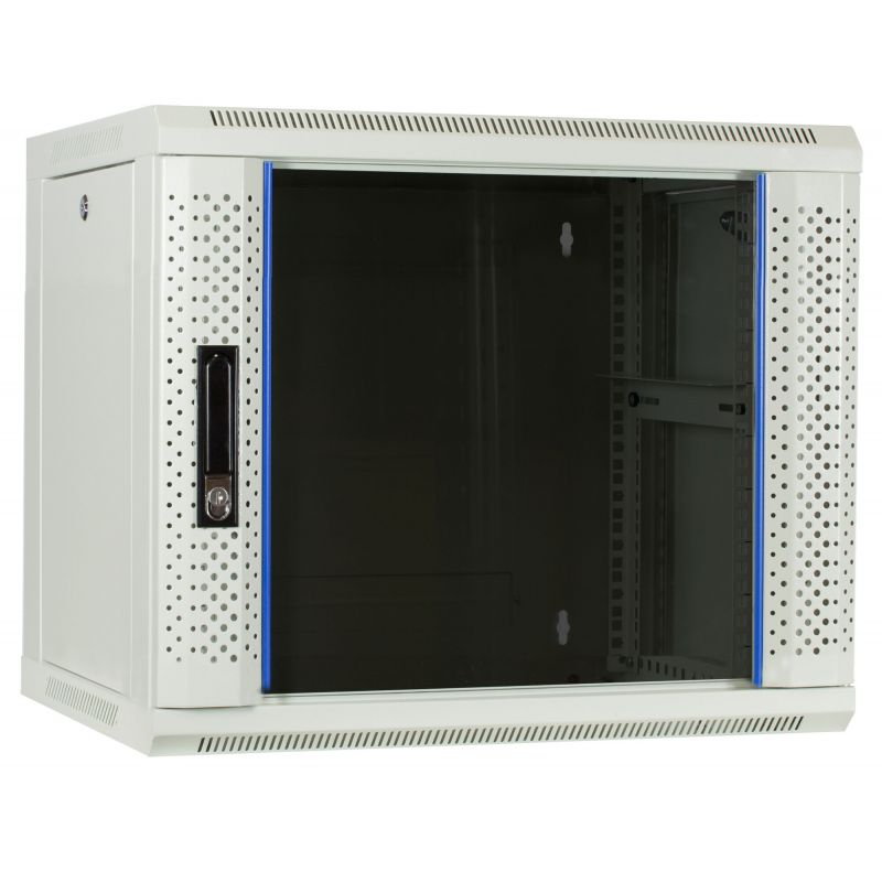 Armario de pared blanco de 9U con puerta de cristal de 600x450x500 mm (ancho x profundidad x alto)