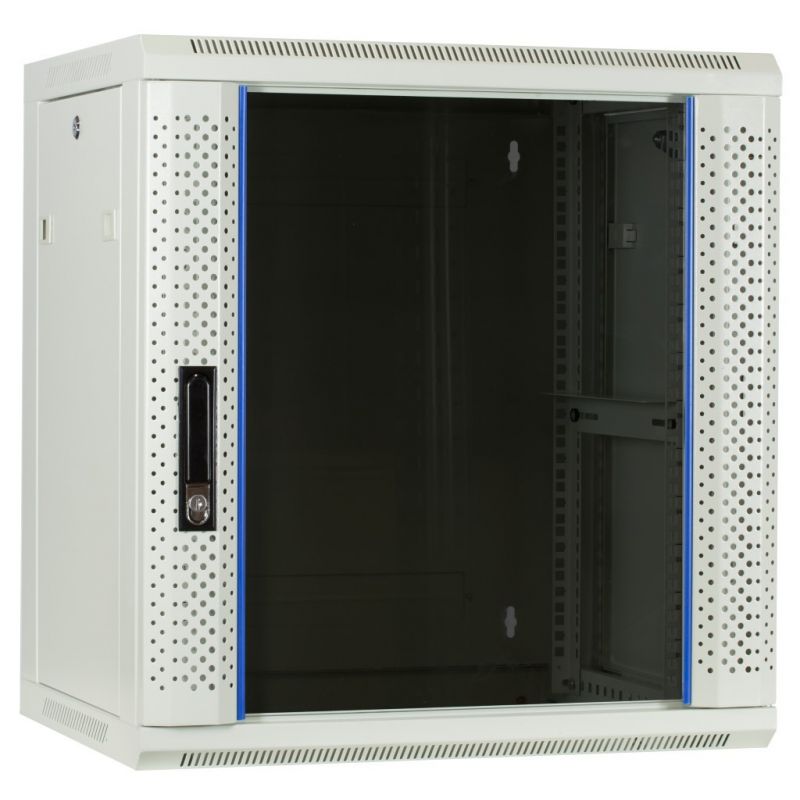 Armario de pared blanco de 12U con puerta de cristal, 600x450x635 mm (ancho x profundidad x alto)