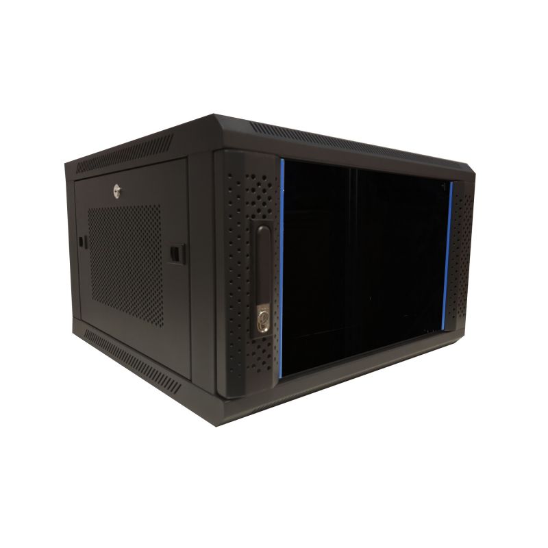 Armario de pared 6U con puerta de cristal y paneles laterales perforados de 600x600x368 mm (ancho x profundidad x alto).