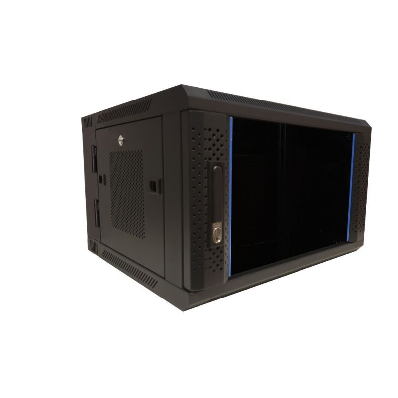 Armario de pared 6U (inclinable) con puerta de cristal y paneles laterales perforados de 600x600x368 mm (ancho x profundidad x alto).