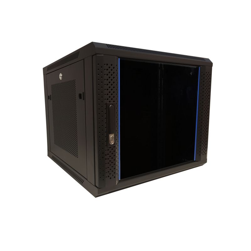 Armario de pared de 9U con puerta de cristal y paneles laterales perforados de 600x600x500 mm (ancho x profundidad x alto).