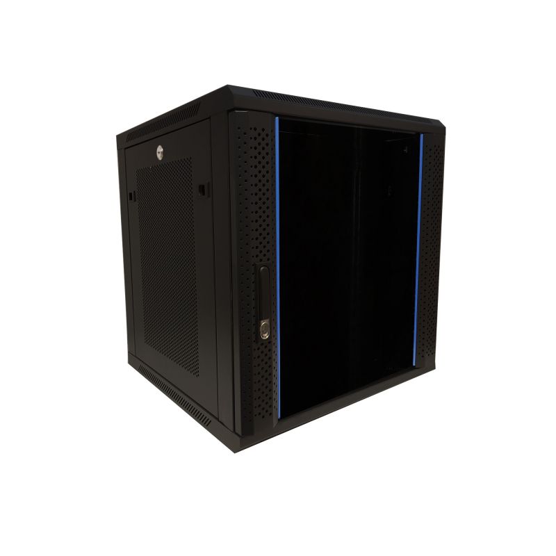 Armario de pared de 12U con puerta de cristal y paneles laterales perforados de 600x600x635 mm (ancho x profundidad x alto).
