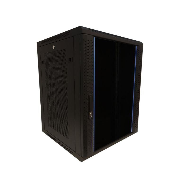 Armario de pared de 15U con puerta de cristal y paneles laterales perforados de 600x600x770 mm (ancho x profundidad x alto).