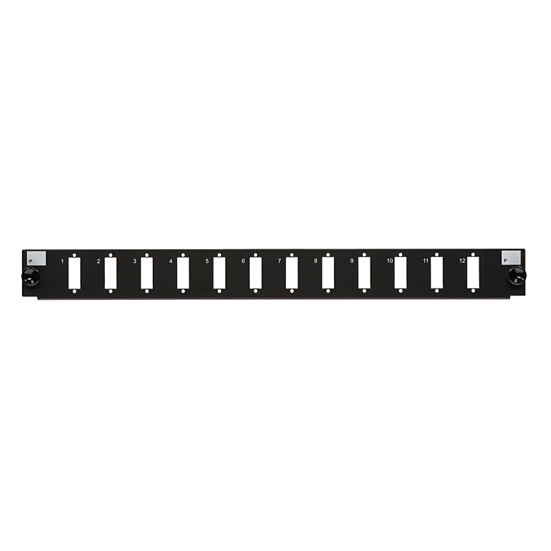 Conector frontal LC/SC de 12 puertos, negro, cuádruple/dúplex, apto para bandeja de fibra universal.